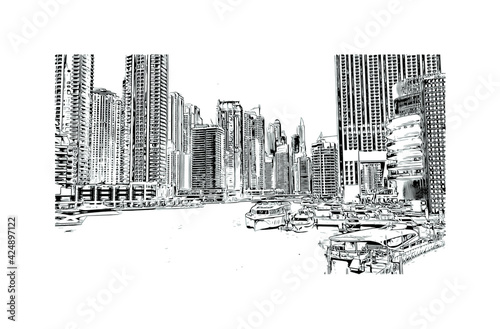 Building view with landmark of Dubai is the 
city in the United Arab Emirates. Hand drawn sketch illustration in vector.