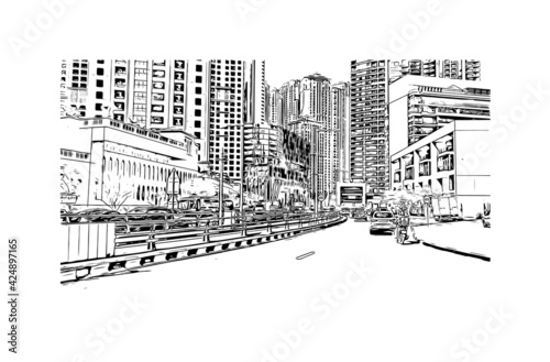 Building view with landmark of Dubai is the 
city in the United Arab Emirates. Hand drawn sketch illustration in vector.