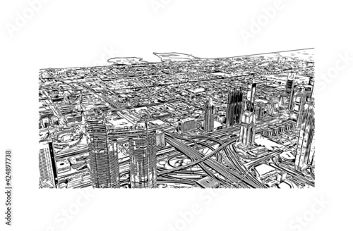 Building view with landmark of Dubai is the 
city in the United Arab Emirates. Hand drawn sketch illustration in vector.