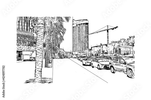 Building view with landmark of Dubai is the 
city in the United Arab Emirates. Hand drawn sketch illustration in vector.