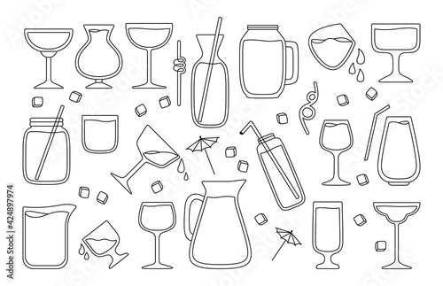Hawaii cocktails, summer jug, jar and glass black line set. Strawberry Lemonade and Tea, Watermelon, Orange fresh Smoothie menu. Tropical drinks hand drawn flat design menu. Trendy vector illustration