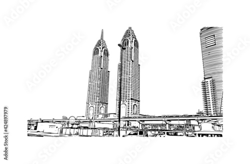Building view with landmark of Dubai is the 
city in the United Arab Emirates. Hand drawn sketch illustration in vector.