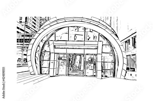 Building view with landmark of Dubai is the 
city in the United Arab Emirates. Hand drawn sketch illustration in vector.