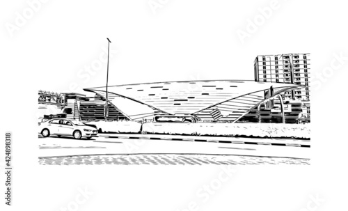 Building view with landmark of Dubai is the 
city in the United Arab Emirates. Hand drawn sketch illustration in vector.