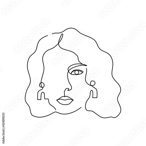 Women's faces in continuous one line art style with hair and earrings in elegant style for prints, posters, textile, cards, logo, branding and packaging etc. Beautiful women face Vector illustration.