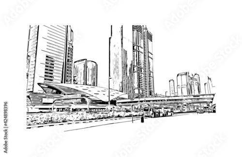 Building view with landmark of Dubai is the 
city in the United Arab Emirates. Hand drawn sketch illustration in vector.