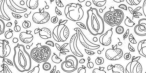 Exotic hawaiian fruit black line seamless pattern. Pomegranate  peach mandarin  apple kiwi wallpaper tropical summer texture. Hand drawn fruit wallpaper webdesign. Isolated vector illustration