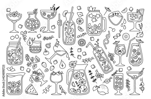 Tropical cocktails, summer juice black line set. Doodle drink and fruits. Strawberry Lemonade and Tea, Mojito and Orange fresh Smoothie menu. Flat design trendy vector illustration on black background