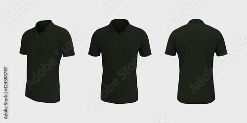 Blank collared shirt mockup, front, side and back views, tee design presentation for print, 3d rendering, 3d illustration