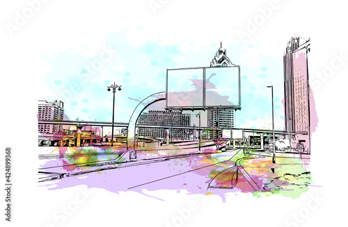 Building view with landmark of Dubai is the 
city in the United Arab Emirates. Watercolor splash with hand drawn sketch illustration in vector.