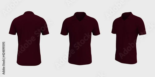 Blank collared shirt mockup, front, side and back views, tee design presentation for print, 3d rendering, 3d illustration