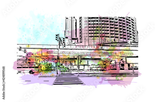 Building view with landmark of Dubai is the 
city in the United Arab Emirates. Watercolor splash with hand drawn sketch illustration in vector.