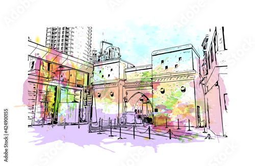 Building view with landmark of Dubai is the 
city in the United Arab Emirates. Watercolor splash with hand drawn sketch illustration in vector.