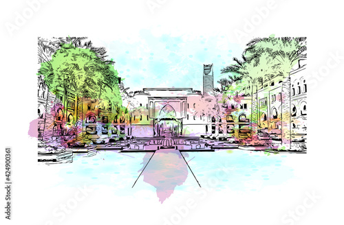 Building view with landmark of Dubai is the 
city in the United Arab Emirates. Watercolor splash with hand drawn sketch illustration in vector.