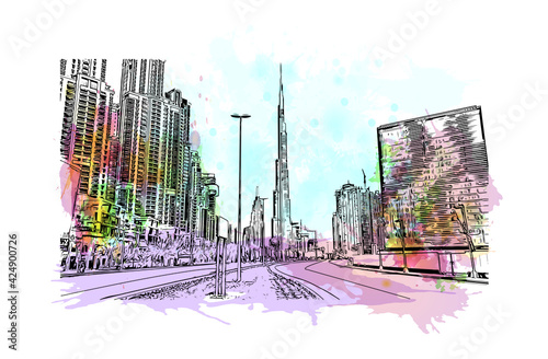 Building view with landmark of Dubai is the 
city in the United Arab Emirates. Watercolor splash with hand drawn sketch illustration in vector.