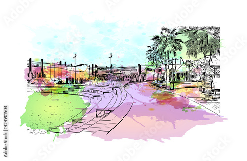 Building view with landmark of Dubai is the 
city in the United Arab Emirates. Watercolor splash with hand drawn sketch illustration in vector.