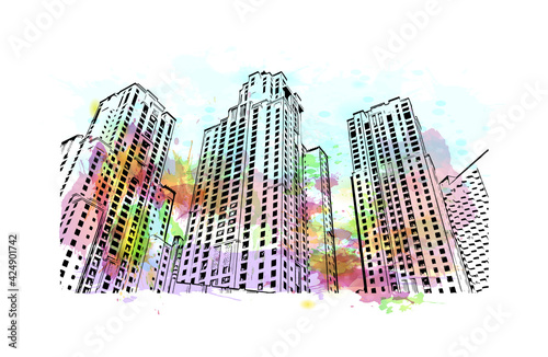 Building view with landmark of Dubai is the 
city in the United Arab Emirates. Watercolor splash with hand drawn sketch illustration in vector.