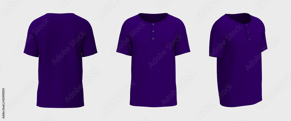 Blank short-sleeve henley t-shirt mockup. Front, back and side views, design presentation for print, 3d illustration, 3d rendering