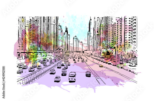 Building view with landmark of Dubai is the 
city in the United Arab Emirates. Watercolor splash with hand drawn sketch illustration in vector.