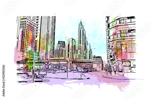 Building view with landmark of Dubai is the 
city in the United Arab Emirates. Watercolor splash with hand drawn sketch illustration in vector.