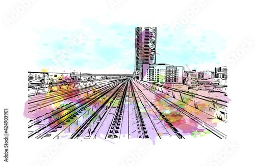 Building view with landmark of Dubai is the 
city in the United Arab Emirates. Watercolor splash with hand drawn sketch illustration in vector.