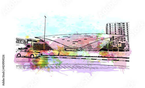 Building view with landmark of Dubai is the 
city in the United Arab Emirates. Watercolor splash with hand drawn sketch illustration in vector.
