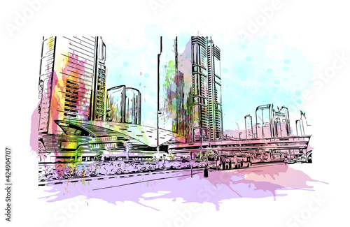 Building view with landmark of Dubai is the 
city in the United Arab Emirates. Watercolor splash with hand drawn sketch illustration in vector.