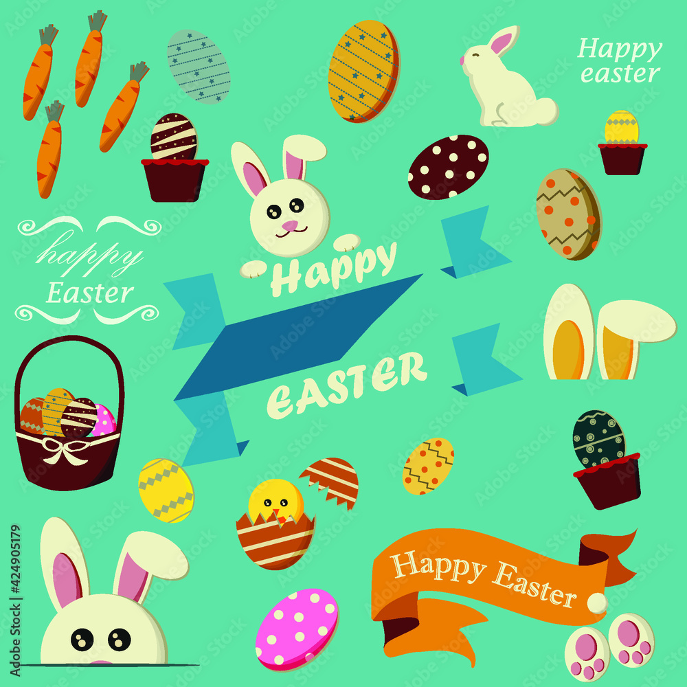 Set of vector illustrations with Easter icons set. Cute flat images of ester rabbits, colored eggs and yellow and pink tulips.