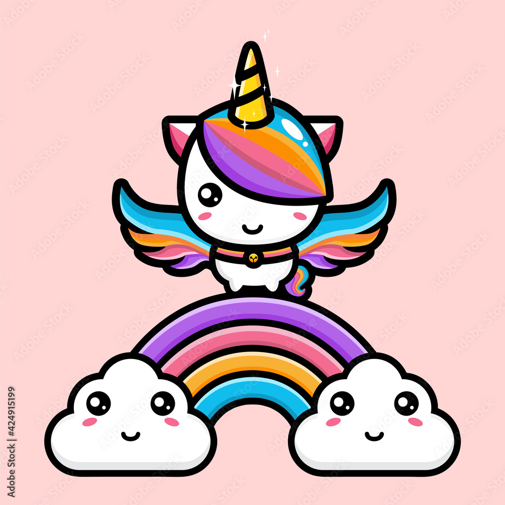 vector design of cute unicorn cartoon standing on rainbow accompanied by clouds