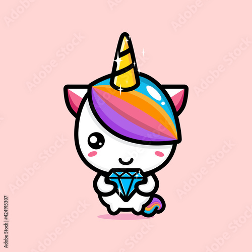 cartoon cute unicorn vector design holding a crystal