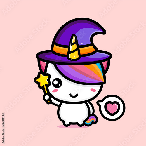 vector design of cute unicorn cartoon being a witch