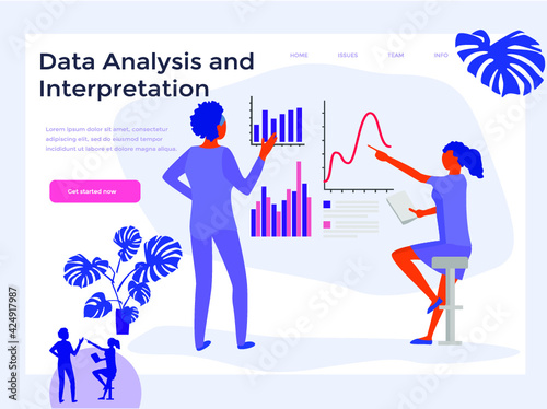 Two women work with statistics and choose several options. Vector illustration. Page goal concept 
