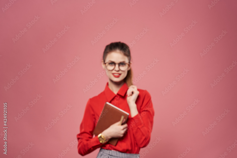 Woman wearing glasses red shirt secretary finance lifestyle Professional Woman wearing glasses red shirt secretary finance lifestyle Professional