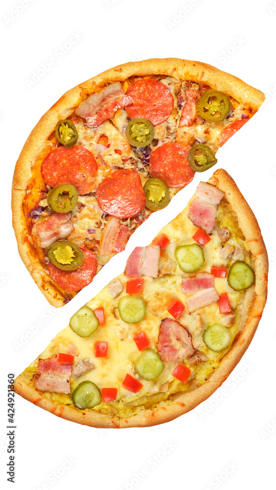 Pizza, two halves isolated on a white background. Versus concept. Appetizing pizza. Pizza, two halves isolated on a white background. Versus concept. Appetizing pizza.