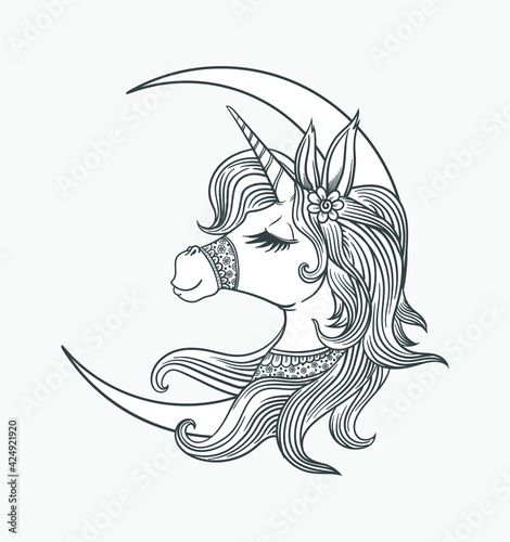 The head of a unicorn with a long mane against the background of the moon. For prints, posters, coloring books, postcards, stickers, tattoos. Vector