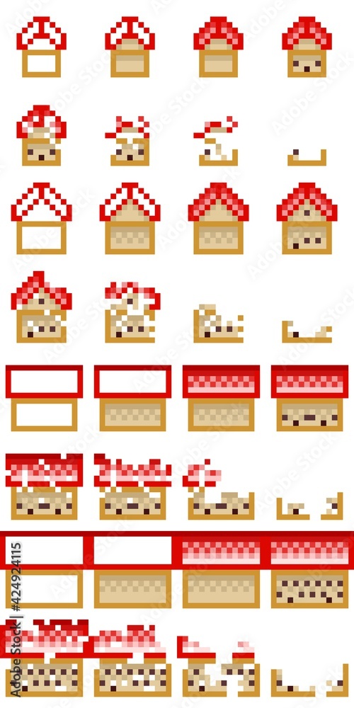 Pixel houses for game icons, set. Houses in suburb neighborhood. Video game-style pixel art. Pixels Art buildings. House destruction and upgrades.