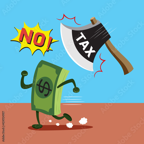  Cartoon Character of dollar run away from tax financial, illustration vector cartoon
