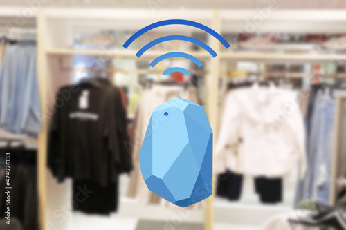 Beacon device home and office radar. Use for all situations. with network connect signal graphic and blur background at the shopping mall.. photo