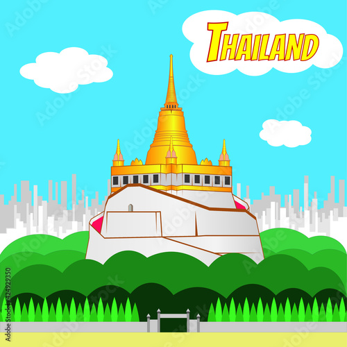 The Golden Mount at Wat Saket background with bangkok city - The symbols and landmarks of Bangkok Thailand drawing in vector