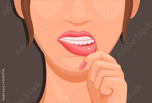 women touch lips sprue, symptoms of Stomatitis. health medical symbol illustration cartoon vector