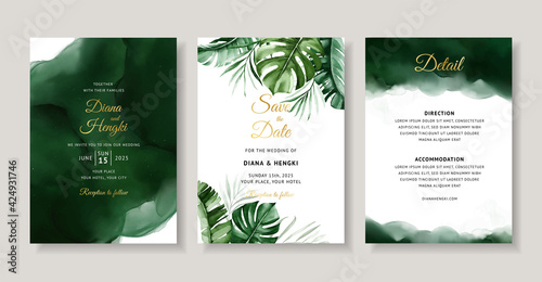 Elegant green tropical watercolor wedding invitation card template