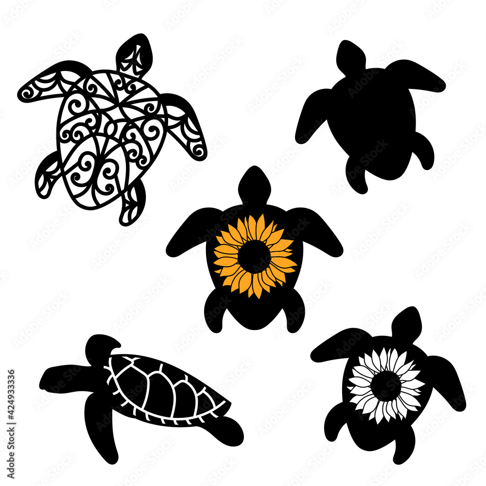 Sea turtle, a set of vector images. Turtle with sunflower.