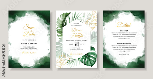 Elegant green tropical watercolor wedding invitation card template