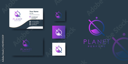 Planet perfume logo template with unique concept and business card design Premium Vector