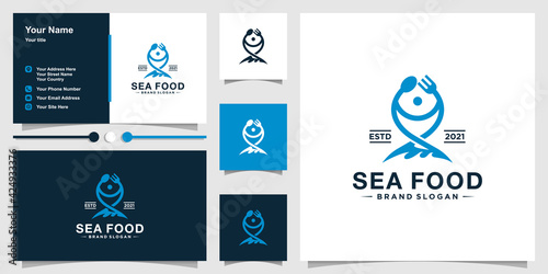Sea food logo template with spoons and forks to form fish and business card design Premium Vector