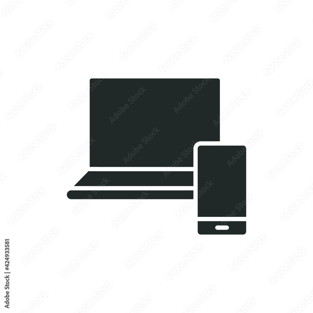Laptop and mobile phone glyph icon. Simple solid style. Desktop, device, screen, display, smartphone, responsive concept. Vector illustration isolated on white background. EPS 10. Laptop and mobile phone glyph icon. Simple solid style. Desktop, device, screen, display, smartphone, responsive concept. Vector illustration isolated on white background. EPS 10.