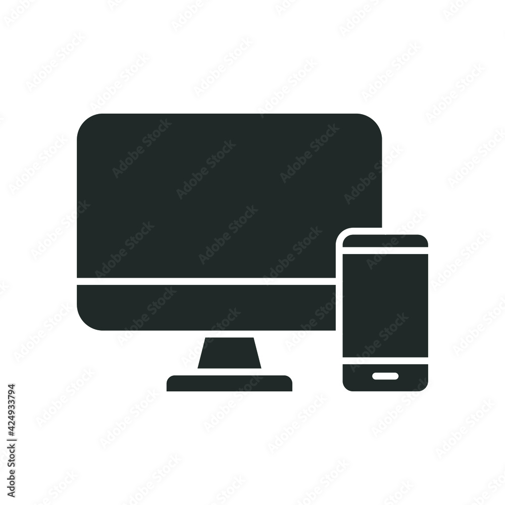 Computer and mobile phone glyph icon. Simple solid style. Desktop, device, monitor, display, smartphone, responsive concept. Vector illustration isolated on white background. Editable stroke EPS 10. Computer and mobile phone glyph icon. Simple solid style. Desktop, device, monitor, display, smartphone, responsive concept. Vector illustration isolated on white background. Editable stroke EPS 10.