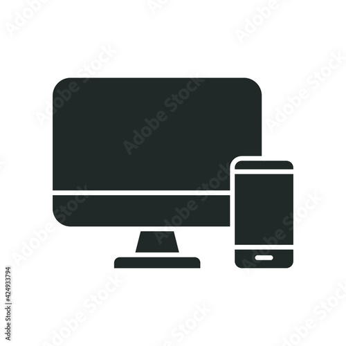 Computer and mobile phone glyph icon. Simple solid style. Desktop, device, monitor, display, smartphone, responsive concept. Vector illustration isolated on white background. Editable stroke EPS 10.