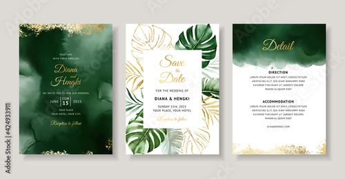 Elegant green tropical watercolor wedding invitation card template