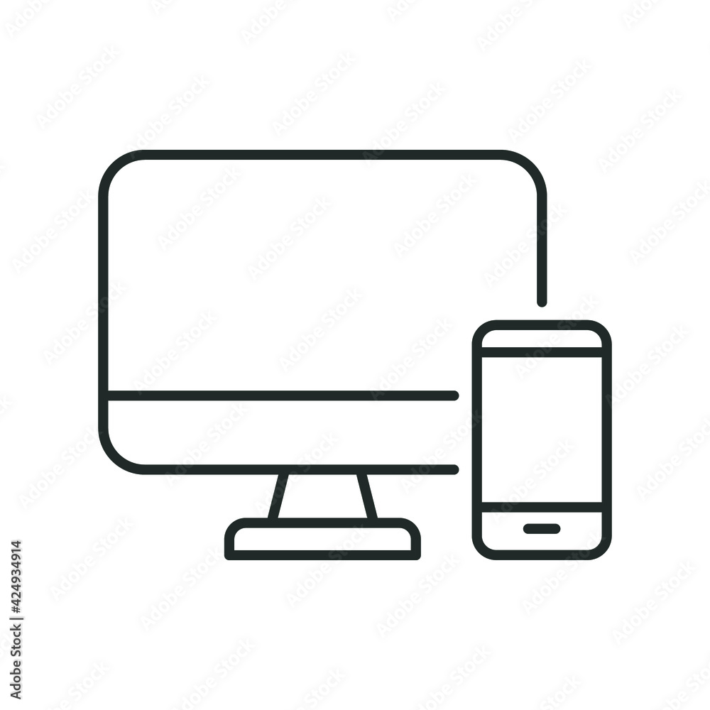Computer and mobile phone line icon. Simple outline style. Desktop, device, monitor, display, smartphone, responsive concept. Vector illustration isolated on white background. EPS 10. Computer and mobile phone line icon. Simple outline style. Desktop, device, monitor, display, smartphone, responsive concept. Vector illustration isolated on white background. EPS 10.